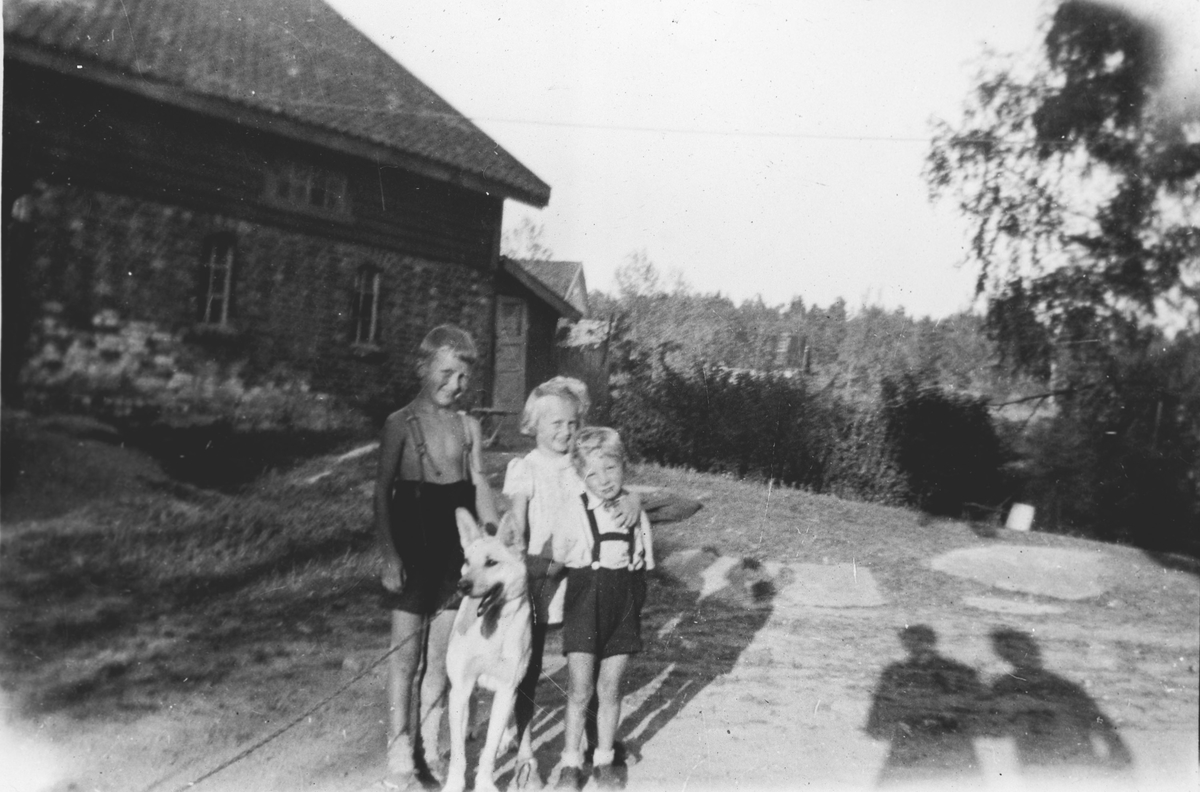Tre barn med hund, stående foran uthus.