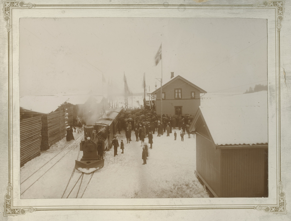 Åpningstoget på Urskogbanen ankommer Bjørkelangen stasjon 14. november 1896. Toget trekkes av lok 2 Eidsverket. Store plankelagre som avventer transport med den nyåpnede banen ligger på stasjonen.