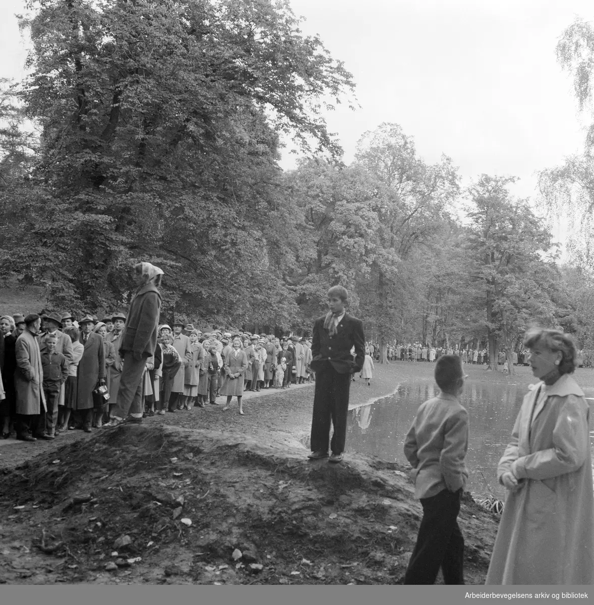 Kong Haakon VIIs død..Folk samler seg foran Slottet og i Slottsparken,.september 1957