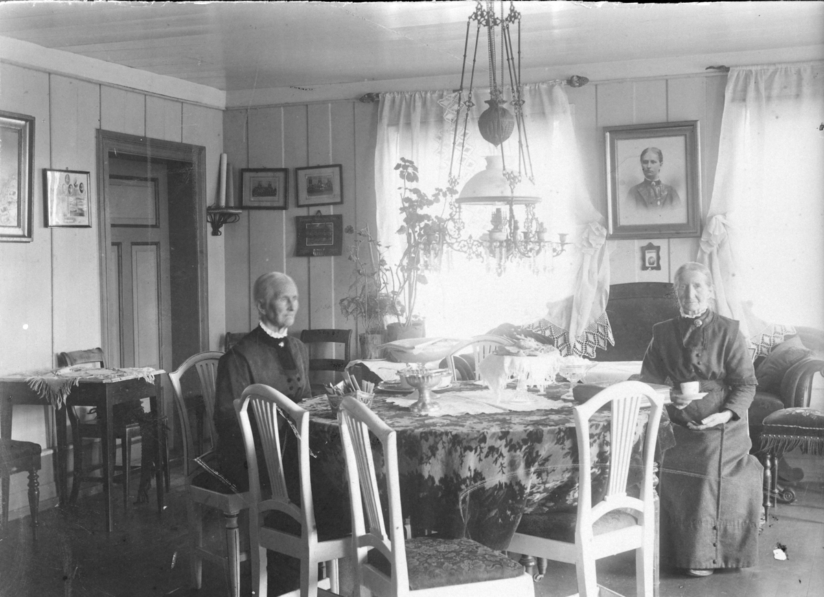Interiør fra storstua på Baldishol, ved bordet er Anne (1830-1919) og Syverine 1833-1917), Baldishol, Nes, Hedmark.