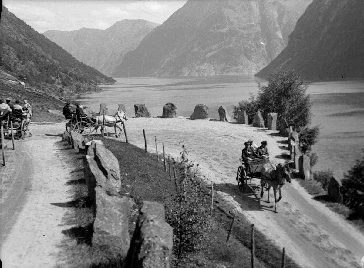 Kjøring av turister med hest ned mot fjorden.