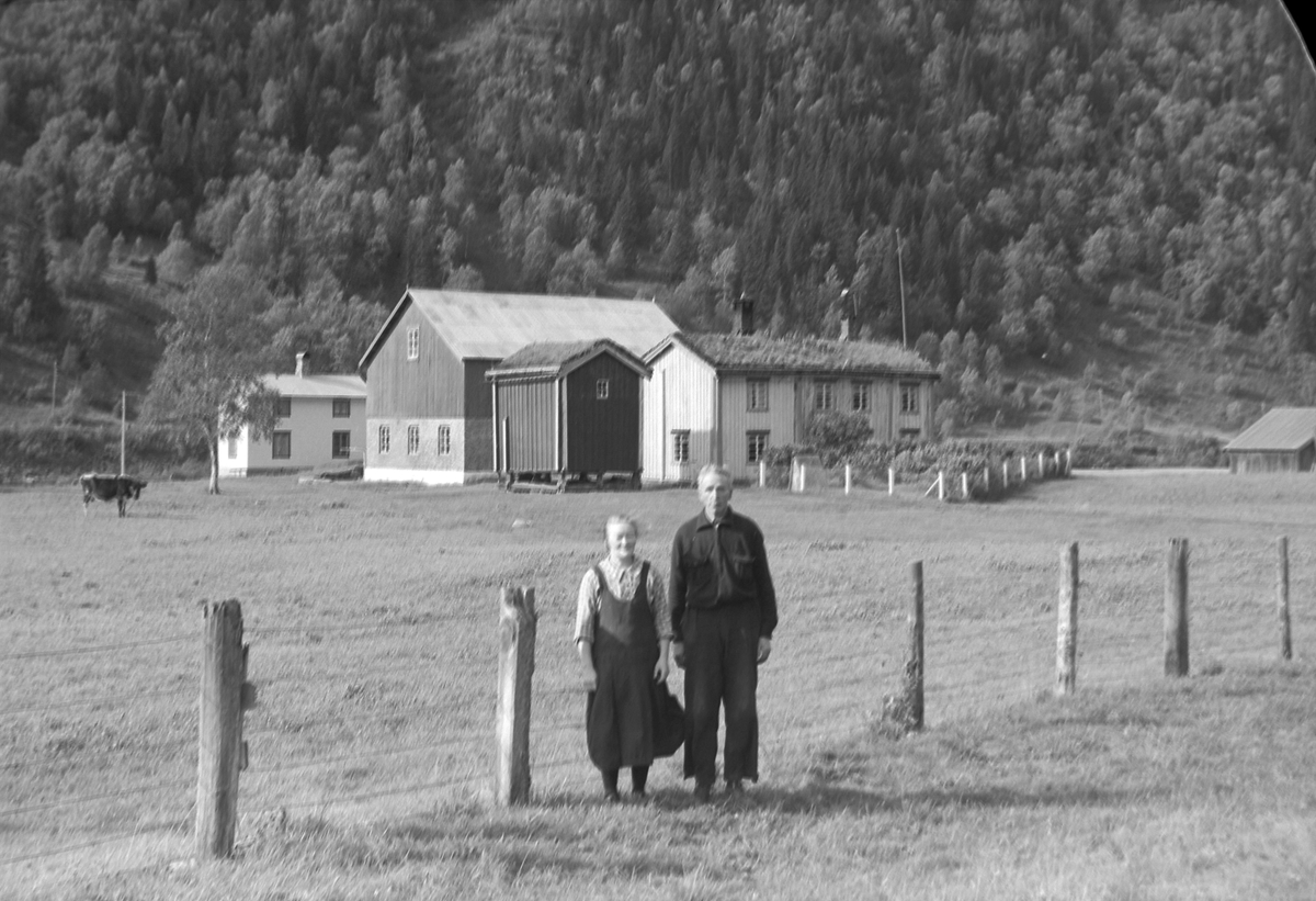 Banevokter på Bjørgen stasjon, Peder Hagen med frue utenfor deres hjem ved Talsneshagan etter flommen i 1940