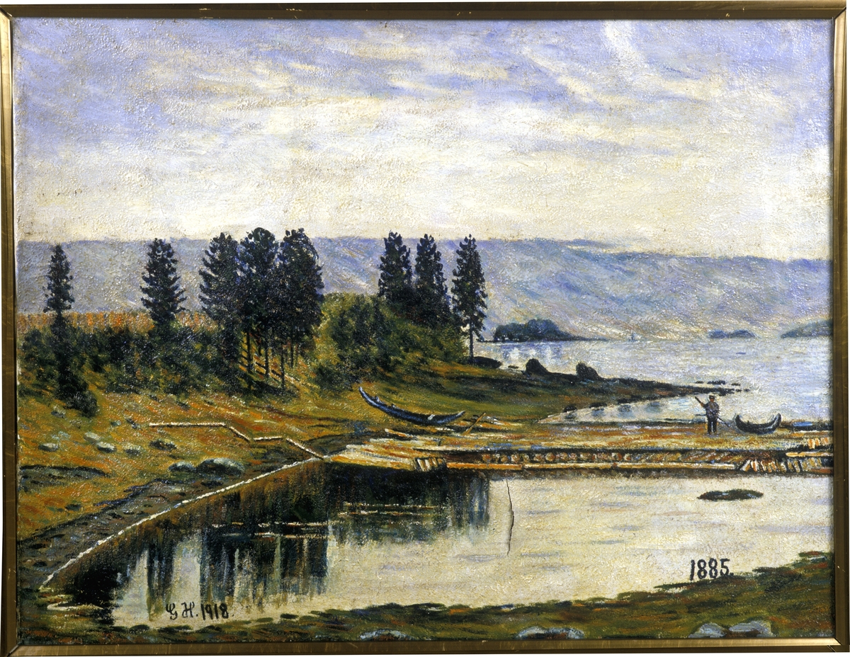 Hamar, maleri av Gina Harboe, motiv fra Åkersvika, 1918, tømmerfløting,

