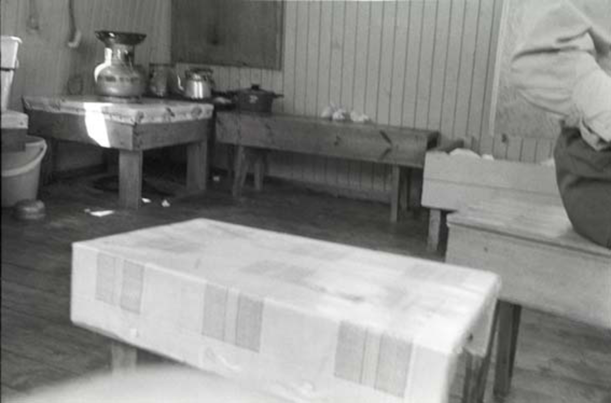 Fra skogbrannvakttårnet på Haukenesfjellet i Rømskog i Østfold.  Fotografiet er tatt i brannvaktens oppholdsrom, antakelig i begynnelsen av 1970-åra.  Hoftepartiet på brannvakt Daniel Sundsrud ses på en krakk helt til høyre i bildet.  I forgrunnen står et lite, lavt bord som er dekt av en voksduk.  I bakgrunnen ses kjøkkenkroken med en liten pall der kokeapparatet, kaffekjelen og et par gryter er plassert, like til venstre for en krakk som er skjøvet inn mot den panelte veggen.  Til venstre for «kjøkkenet» skimtes ei vaskebøtte av plast. 

Tårnet på Hauknesfjellet ligger 335 meter over havet med fin utsikt over vide skogtrakter.  Det første tårnet på dette stedet ble reist i 1909, det neste i 1928.  Det avbildete tårnet skal etter informasjon i forsikringsselskapet Skogbrands arkiver å dømme være bygd i 1953.  Det er reist på et skjellett av stolper (rundtømmer) som er kledd med rødmalt horisontal bordkledning (vestlandspanel).  I den øvre delen av tårnet er det innredet to rom - et oppholdsrom med utvendig balkong på fire sider og et overliggende utkikksrom under en takhatt med vinduer i alle himmelretninger.  Tårnet var i drift som brannvaktstasjon fram til 1976.  Seinere har det vært et populært kvilested for vandrere i området.