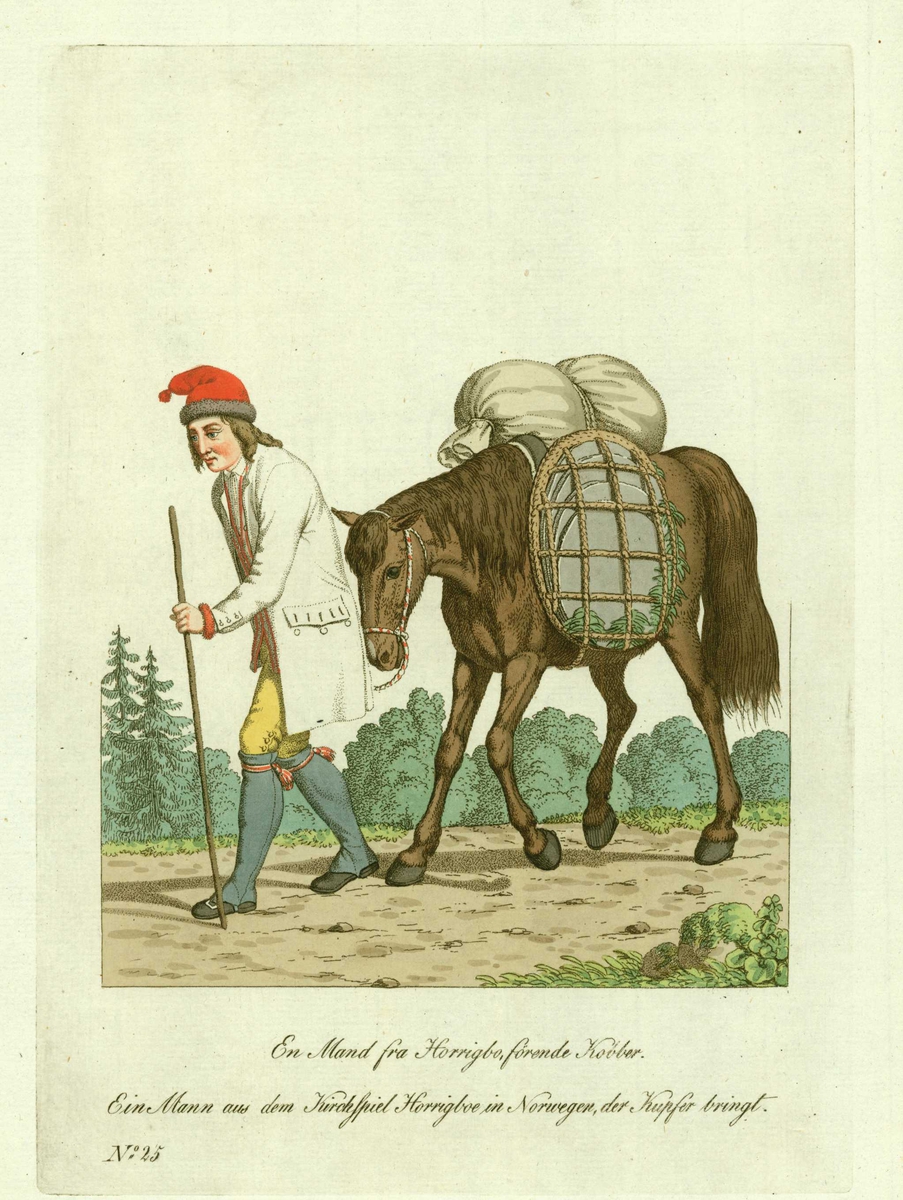 Mann i folkedrakt fra Horg (sjekk!), Melhus, Sør-Trøndelag, med vandrestav foran hest som frakter kobber med sidekurv og sekk på ryggen.