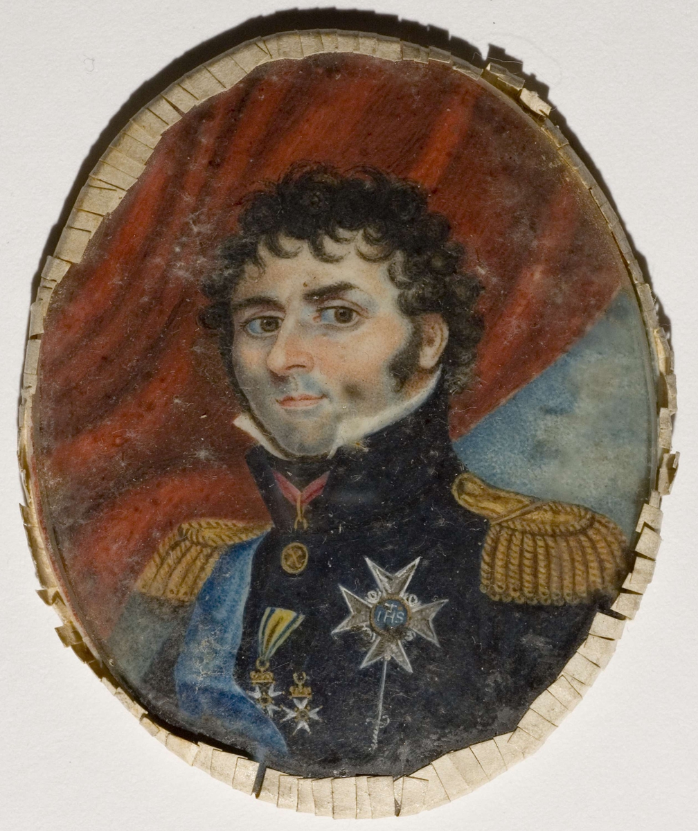 Brystbilde av Karl Johan i svart uniform med epåletter.