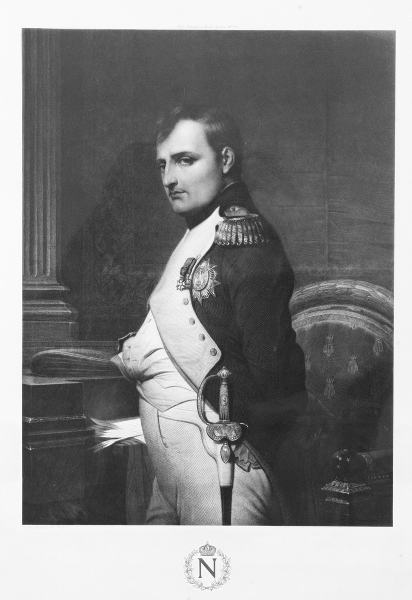 Napoleon i uniform med ordener, halvfigur, venstrevendt.