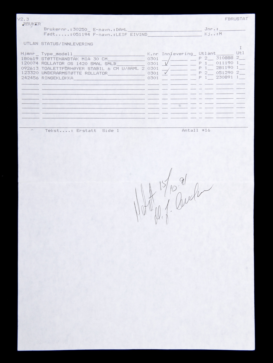 Inneholder 6 kvitteringer i A4-format, datert fra 27/4 1984 til innlevering 15/10 1991 fra Oslo Helseråd, Tekniske hjelpemidler.
1 medisinrekvisisjon, A5, datert 21/3 1991, fra Institutt for almenmedisin. Konvolutt sekundær.