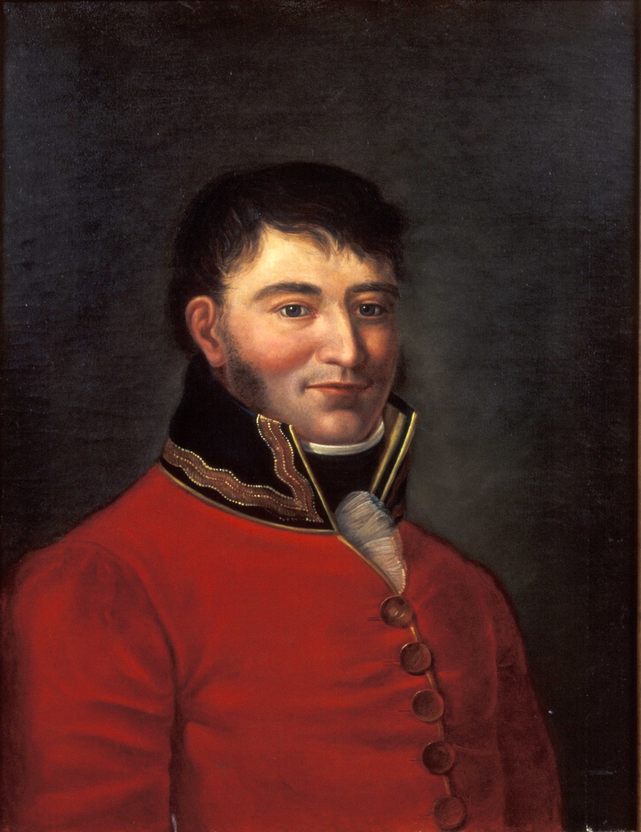 Brystportrett av generalkrigskommisær Niels Andreas Vibe (1759-1814) i rød uniform. Offiser og embetsmann.