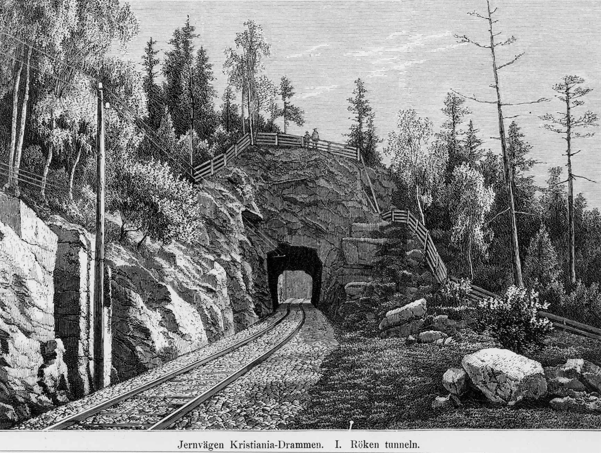 Jernbanen Kristiania-Drammen ved innfart til Røykentunnelen.