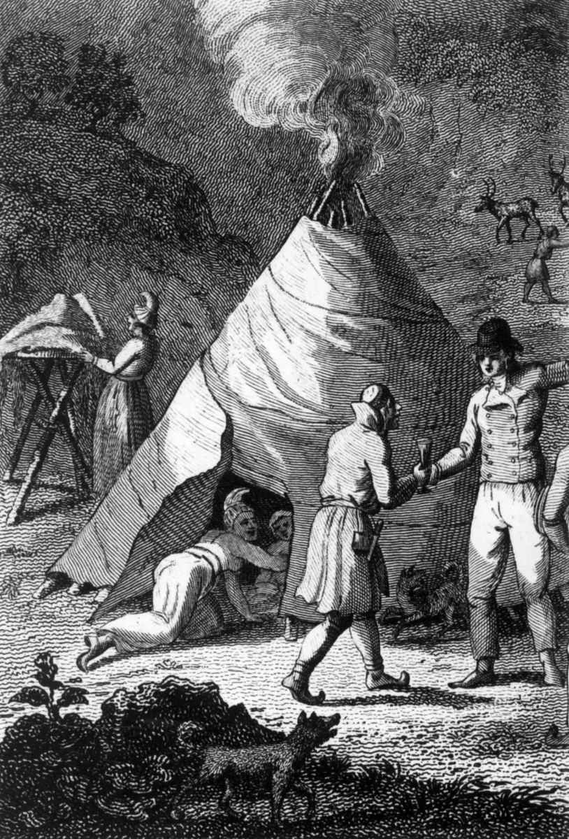Fra Voyage au Cap-Nord. Sametelt med kvinne og barn i åpningen, to menn utenfor teltet. 1804.