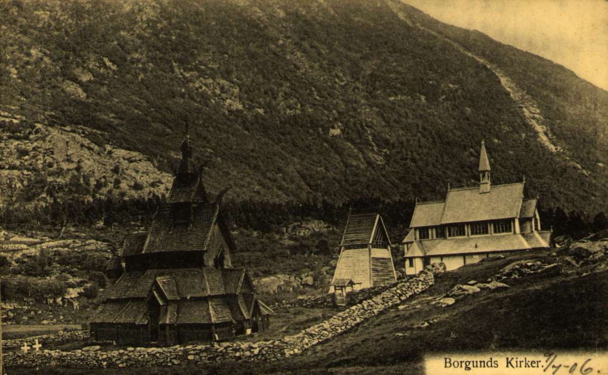 Postkort. Borgunds kirker. Datert 09.07.1906.