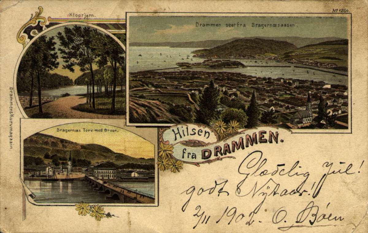 Postkort. Jule- og nyttårshilsen. Motiv fra Drammen. Utsikt fra Bragernæsåsen. Bragernæs Torv. Datert
2.11.1902.