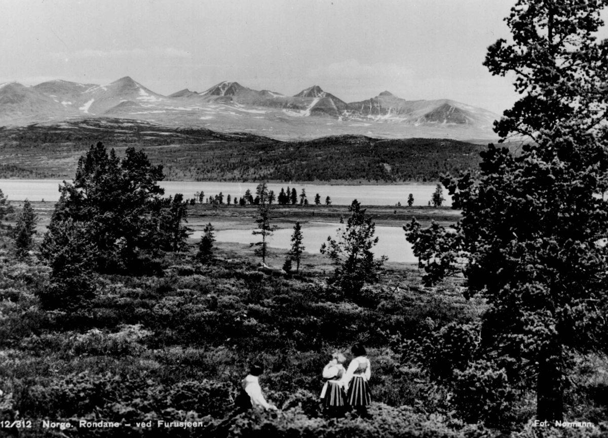 Avfotografert postkort. Tre kvinner i rondastakk ved FurusjÃ¸en. I bakgrunnen sees Rondane.