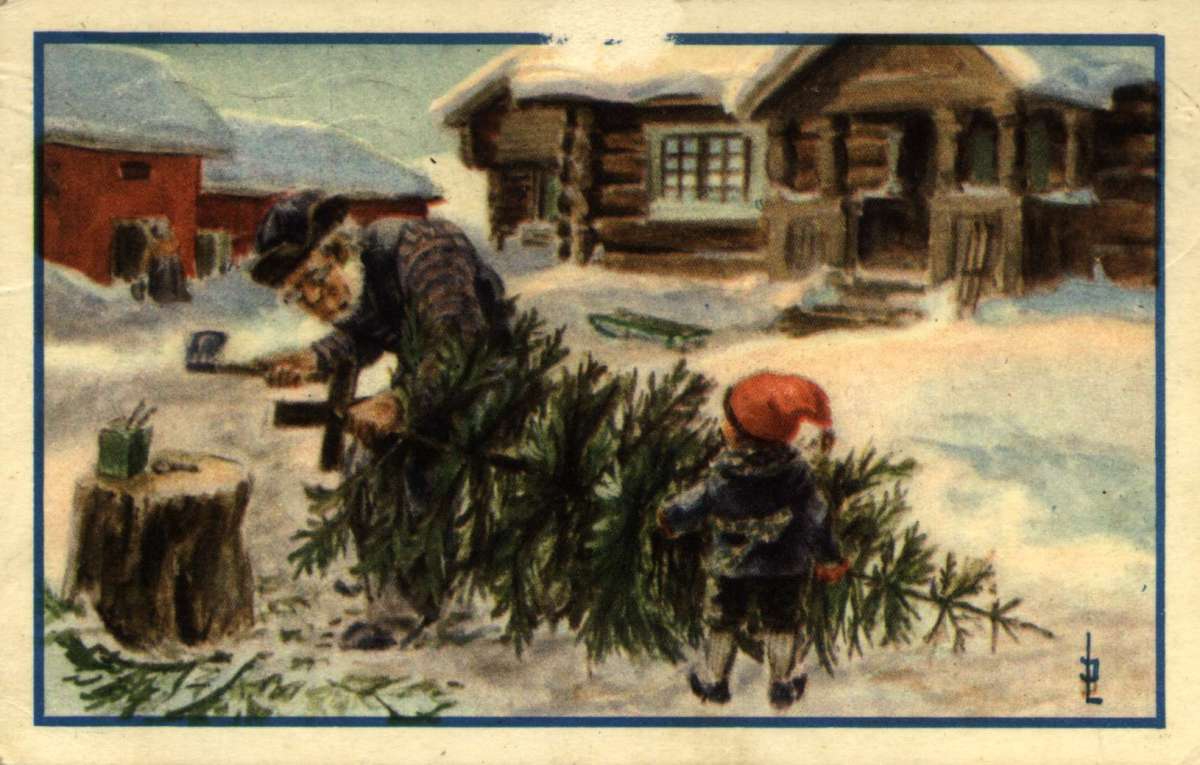 Postkort. Jule- og nyttårshilsen. Vintermotiv.En gammel mann setter juletrefot på juletreet. En liten gutt står og ser på. Illustrert av Jan Lunde. Stemplet 14.12.1944.