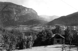 Voss. 1939. Oversiktsbilde. Gårder rundt Vangsvatnet. Høysel