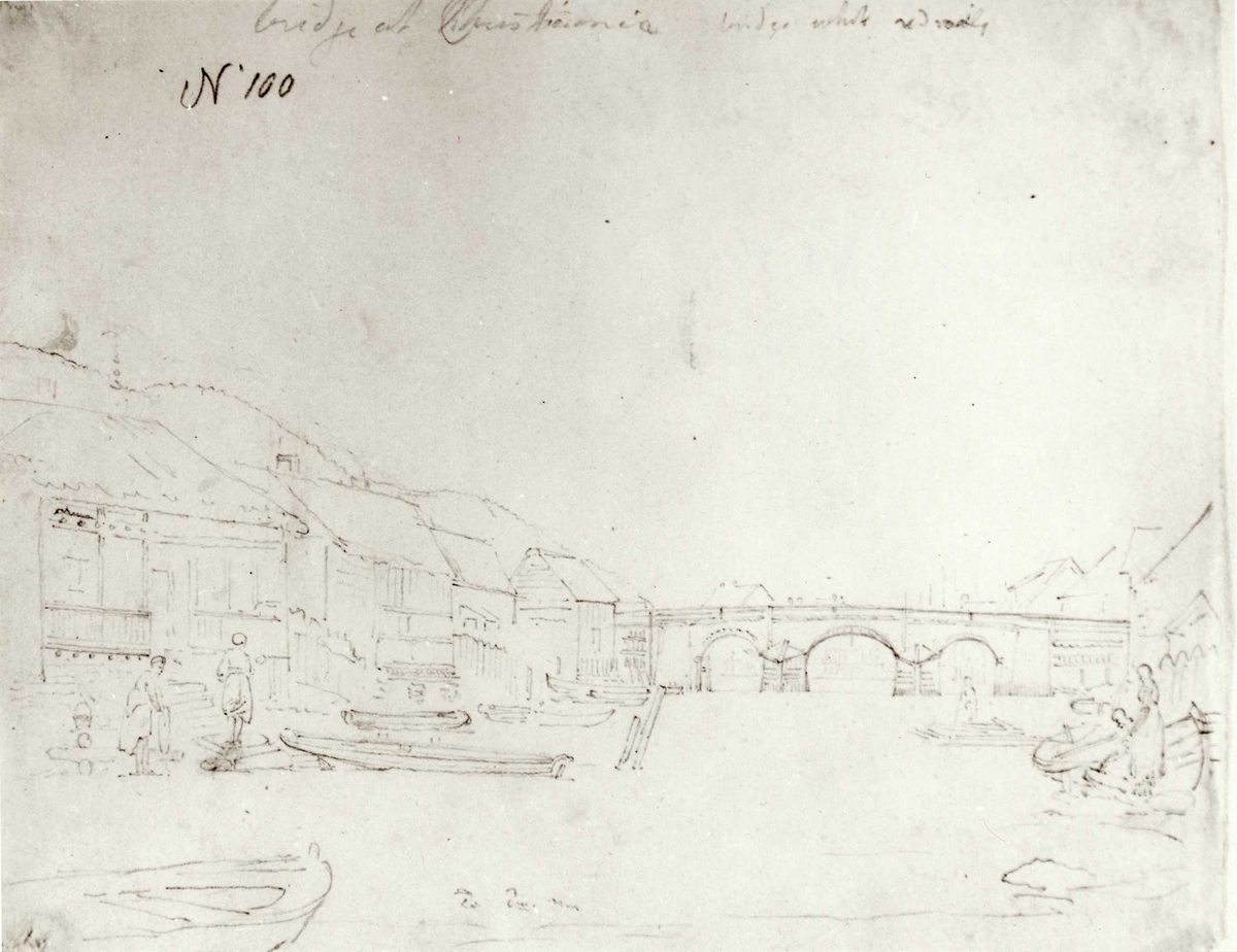 Oslo. Christiania. Blyantskisse av John Edy: Drawings, Norway, 1800. "Bridge at Christiania" Skissealbum utlånt av Deichmanske bibliotek.
