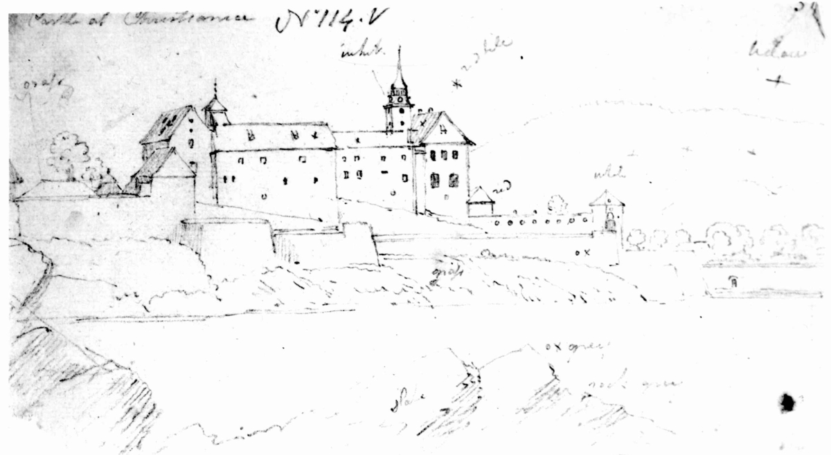Akershus slott og festning, Oslo, Christiania 1800. Blyantskisse.
Fra skissealbum av John W. Edy, "Drawings Norway 1800".