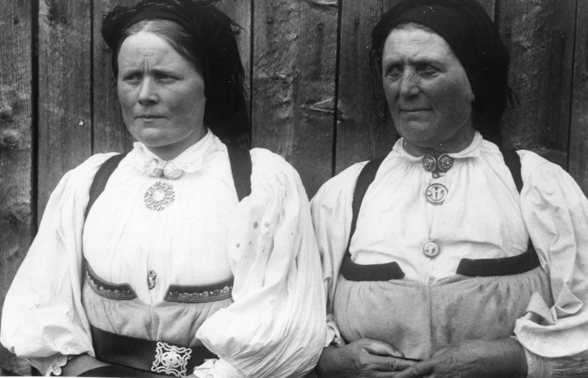Kvinnedrakt, gruppeportrett, Valle, Setesdal, Aust-Agder, antatt 1924.
Fra "De Schreinerske samlinger" (skal oppgis).