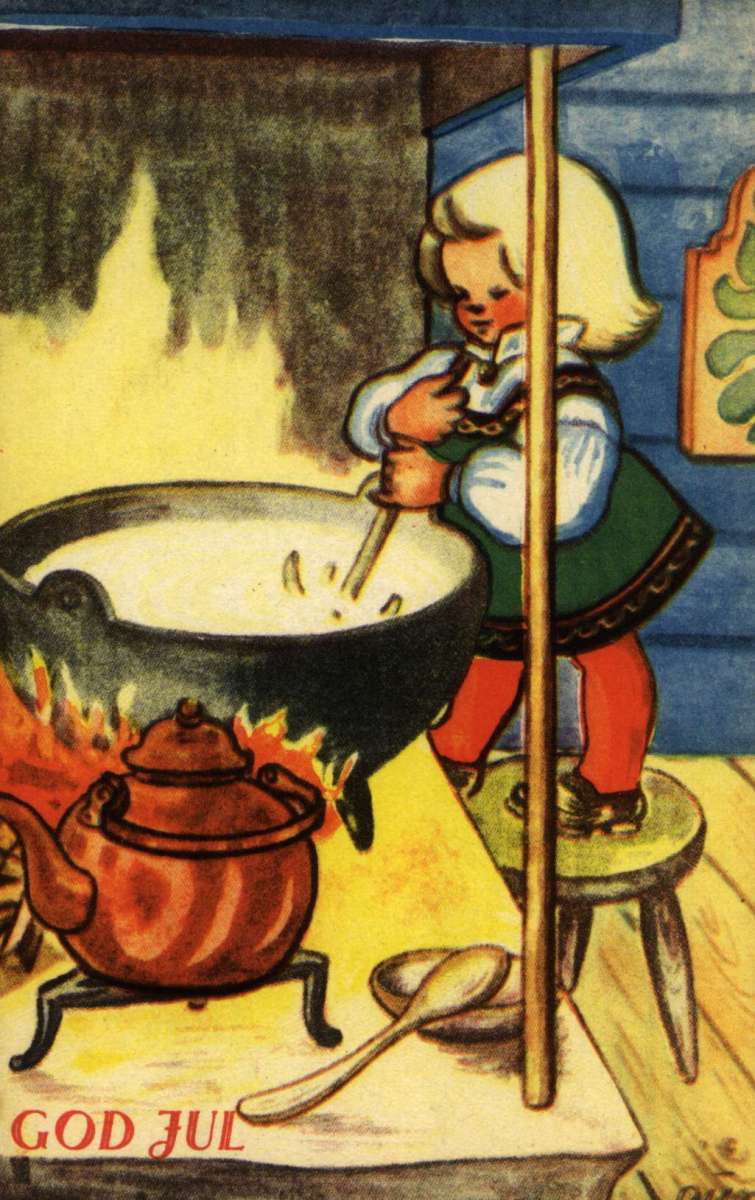 Julekort. Ubrukt. En liten pike koker julegrøt i peisen.
Norsk arbeide. Illustrert av Gunvor Holm.