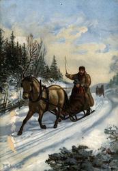 Postkort. Julehilsen. Vintermotiv. En mann med hest og slede