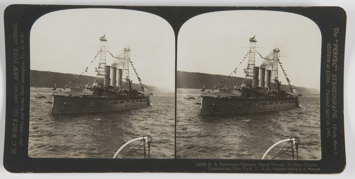Stereoskopi. Det amerikanske krigsskipet "Georgia" under paraden i forbindelse med Hudson-Fulton feiringen, New York, USA.