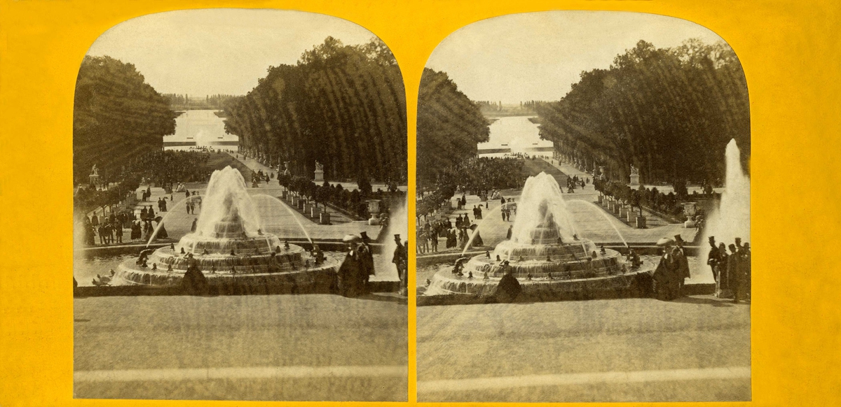 Stereoskopi. Parkanlegg med fontene, Versailles slott, Frankrike.