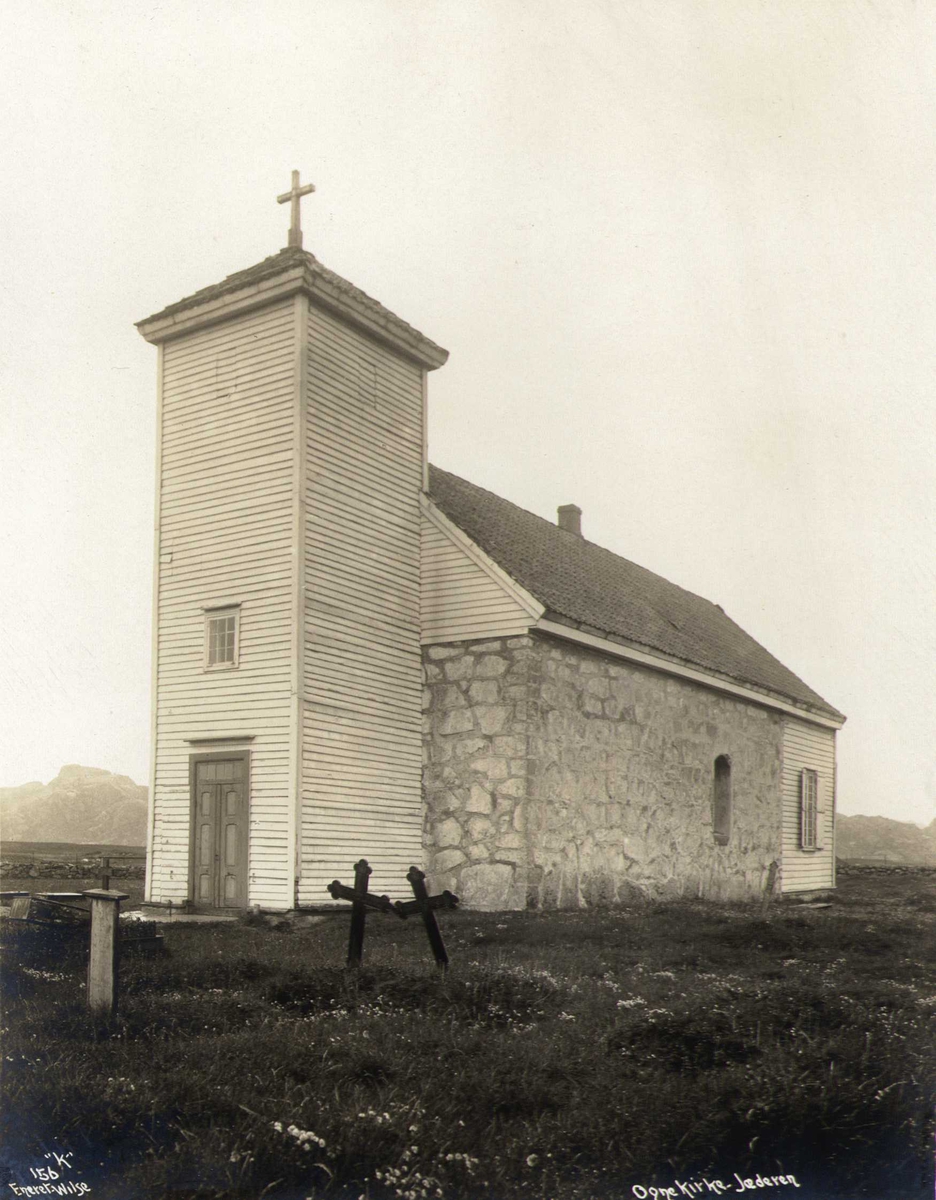 Ogna kirke, Hå, Rogaland. Kirken ble bygget 1250 og brant ned i 1991. Fotografert 1912.