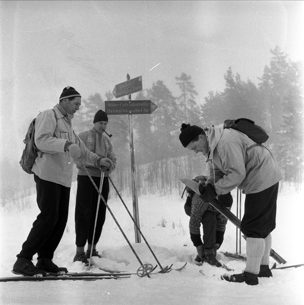 Skiløpere på tur i Østmarka fra Bøler til Ski, Oslo, 17.01.1959.