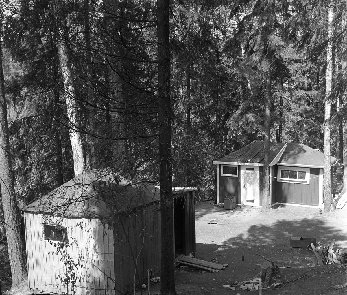 Skillebekk, Oslo, 02.06.1961. Uteliggerhus. Bygninger mellom trær.