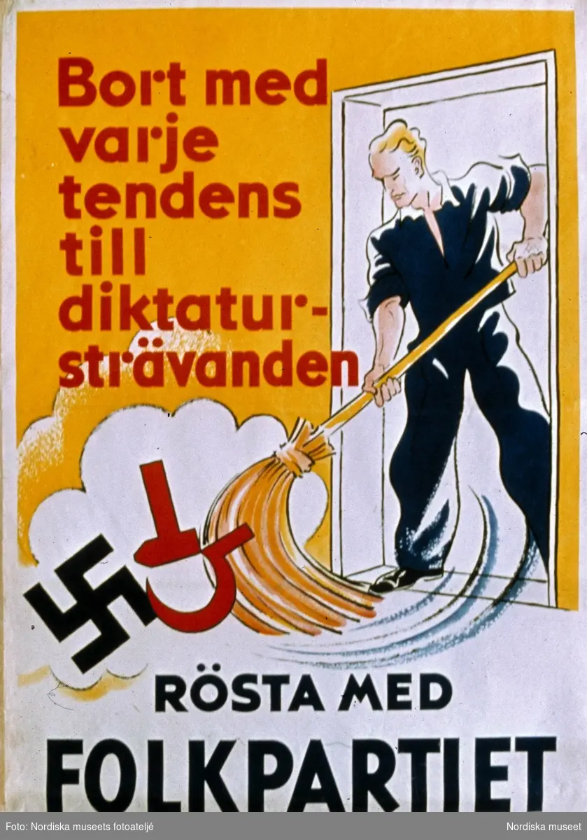 Valaffisch för Folkpartiet. "Bort med varje tendens till diktatursträvanden".  Andrakammarvalet 1936.