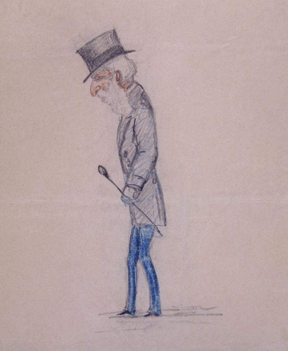 Den portugisiske diplomaten António da Cunha Soto Maior i man i hög hatt och spatserkäpp. Teckning av Fritz von Dardel.