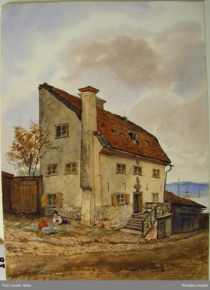 Akvarell av A T Gellerstedt. Stockholmsmotiv med ett enkelt boningshus daterat 1761.