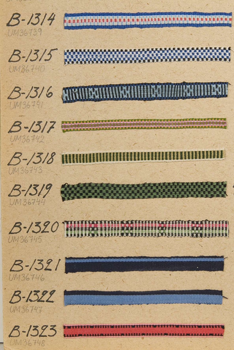 Vävprov av mönstrat band i grönt, gult och beige. Bandet är vävt i rips och det har nummer B.1318.