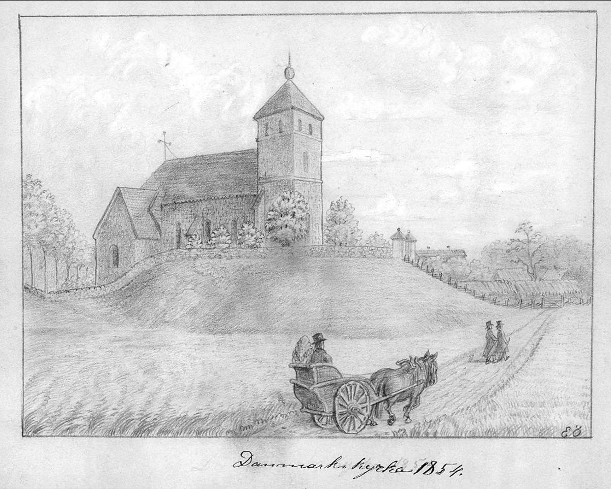 Par i häst och vagn och två promenerande män på väg upp mot Danmarks kyrka, Uppland, 1854.