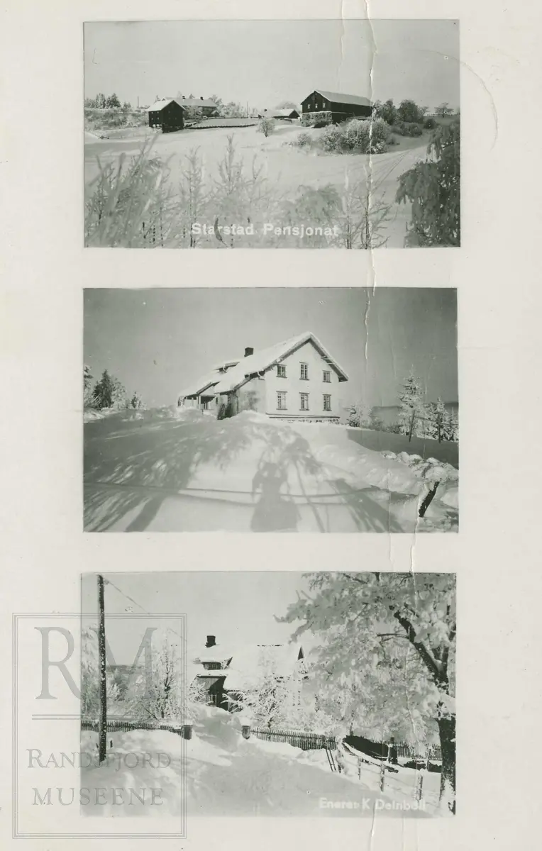 Postkort med tre foto av Stastad gård og pensjonat