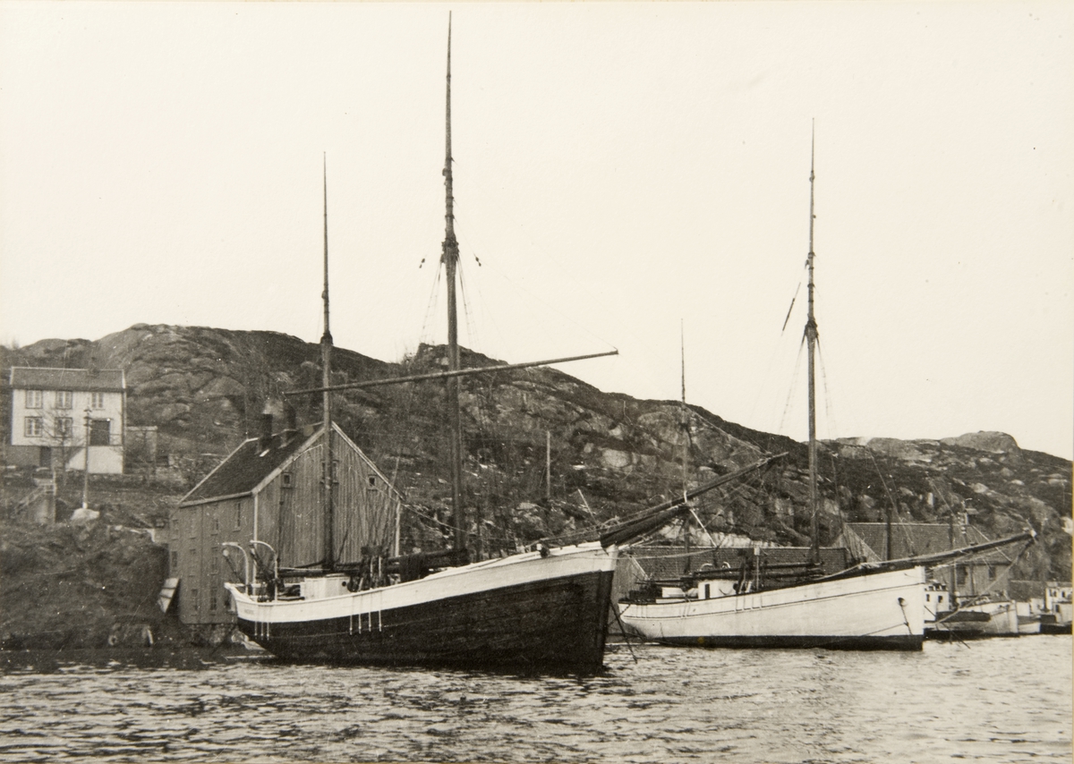 Galeas 'Ingeborg'. Bygget i 1892, Ølve, Kvinherad, som jakt i 1892. Liggende utenfor sjøhus akterfortøyd ved siden av hvitmalt galeas.