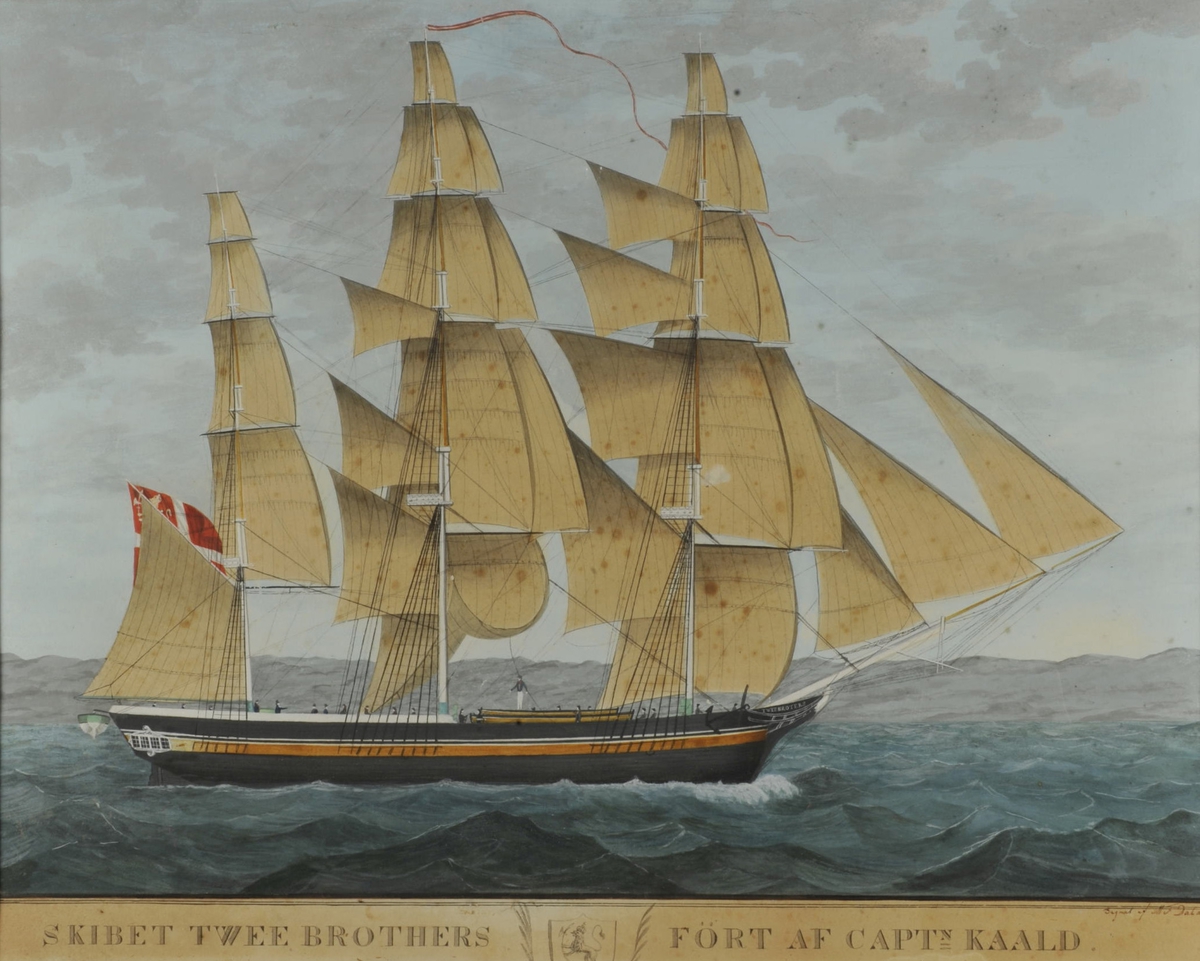 Fullrigger 'Twee Brothers' Under gaffelen dansk flagg med løve i hjørnet (1814). Alle seil tilsatt.