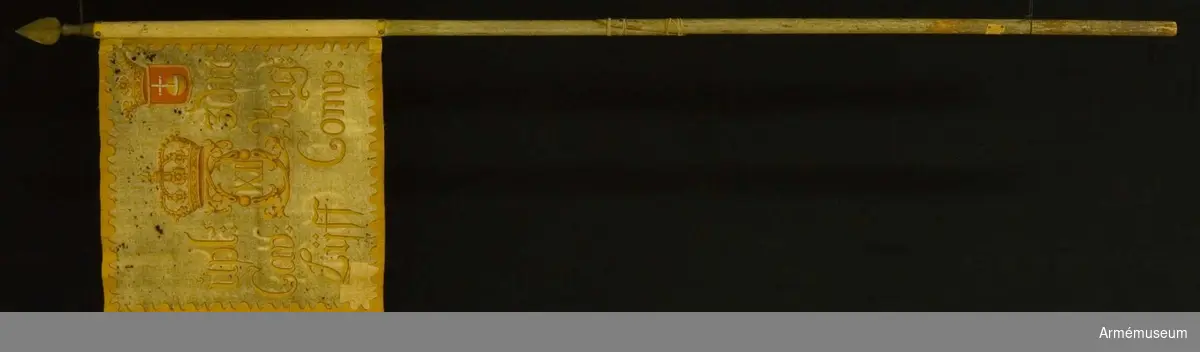 Grupp B I.

Duk av vitt grovt kläde med målade emblem lika på båda sidor: I mitten Karl XII:s namnchiffer: dubbla C omkring XII, krönt av en sluten kunglig krona, allt i guld med skuggning i sepia. I övre inre hörnet en liten gulkantad sköld med Upplands sköldemärke, ett gult riksäpple på rött fält. Skölden krönt av en öppen  krona. Längs kanten en bård av inåtvända runda och spetsiga uddar i gult. Inskription i gult på två rader på ömse sidor om namnchiffret: Upls 3Ms / Cav: Regs samt därunder Lijff Comp:.

Fäst på stången med mässingsspikar på gult sidenband. Stång av furu, vitmålad, rund och slät. Diameter 3,3 - 3,5 cm.Spets: Holk av förgylld mässing. Bladet av järn, förgyllt.