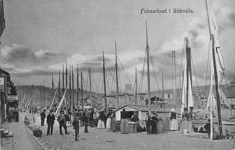 Text på kortet: "Fiskmarknad i Uddevalla".

Enligt tidigare noteringar: "Fiskmarknad i Uddevalla". Fiskförsäljning på kaj vid Bäveån, 
en mängd master på fiskebåtar synes. 
Repro 1984 av äldre vykort".