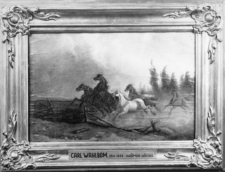 Text på tavlan: "Carl Wahlbom. 1810-1858: Skrämda hästar".