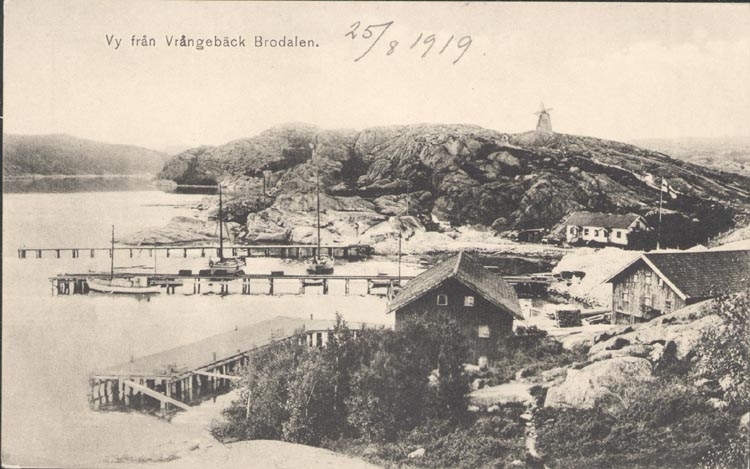 Tryckt text på kortet: "Vy från Vrångebäck Brodalen".
"C. A. Erikson, Vrångebäck, Brodalen".
Noterat på kortet: "25/8 1919".