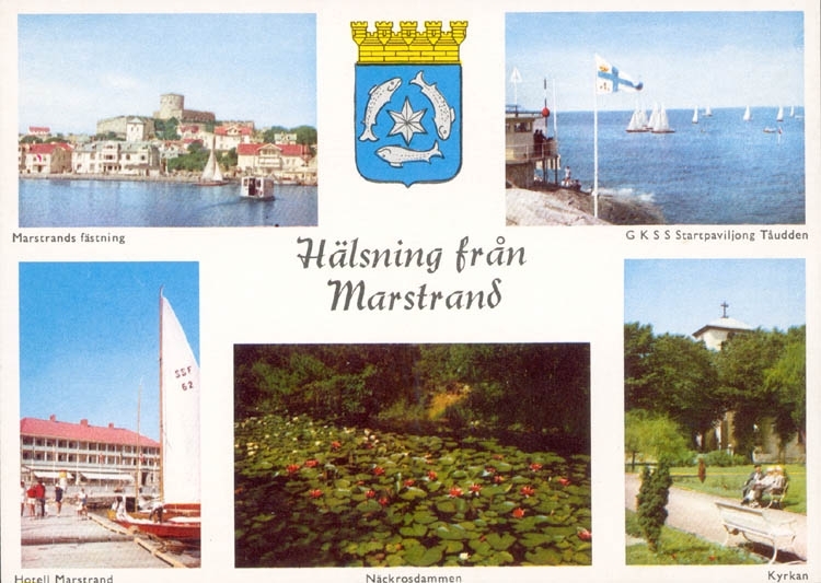 Tryckt text på kortet: "Hälsning från Marstrand." 
"Marstrands fästning. G K S S Startpaviljong Tåudden. Hotell Marstrand. Näckrosdammen. Kyrkan."