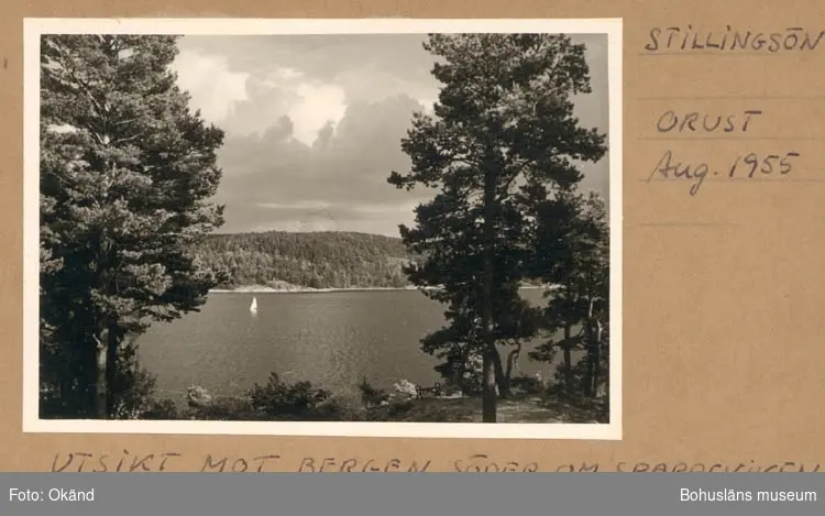 Noterat på kortet: "Stillingsön. Orust. Aug. 52."
"Utsikt mot bergen söder om Sparreviken."