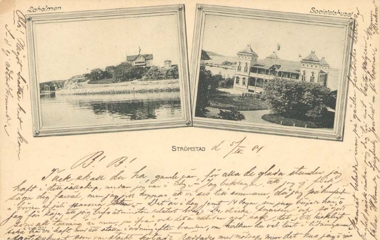 Tryckt text på kortet: "Strömstad. Laholmen. Societetshuset."
