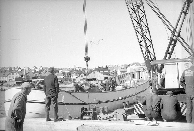 Enligt fotografens notering: "Träfiskebåt från Hälleviksstrand ligger i Lysekil och får maskin, lyfts in med kran, maskinen är en skandia".