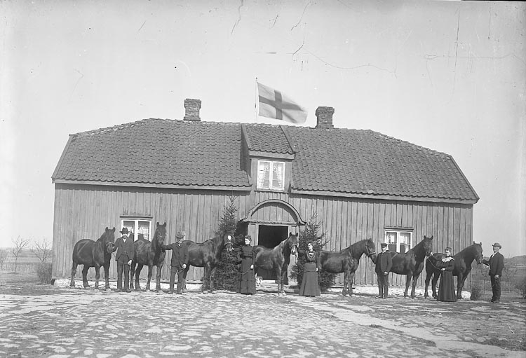 Manbyggnaden Halleby gård med folk och hästar 1906