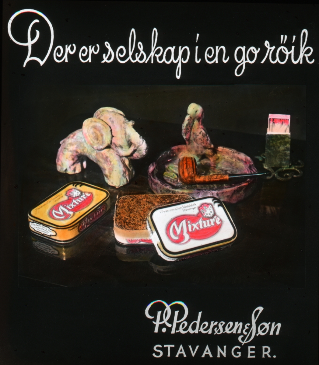 Tegnet reklame for Mixture tobakk fra P. Pedersen & Søn i Stavanger.
