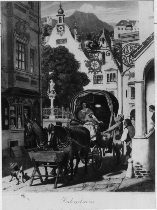 En kvinna sitter i halvtäckt vagn förspännd med två hästar.
Hästarna äter ur en ho. En man är på väg att kliva upp i vagnen.
Moritz von Schwind föddes i Wien 1804 och dog i München 1871.