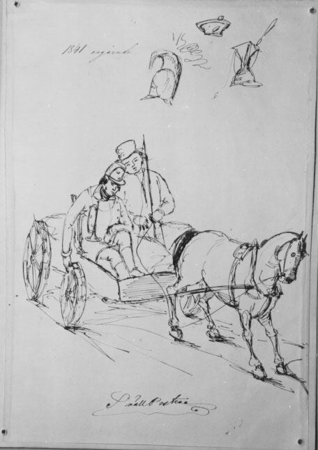 Teckning i tusch av G L Silfverstolpe, 1841. Bilden
visar"Snällposten", en enspänd fyrhjulig hästkärra med en vit häst.
Kärranhar står stilla. På kärrans kuskbock sitter två trötta män, den
eneen postiljon med uniformsmössa med ett stort mössmärke med Tre
Kronorpå och en trumpet (horn) vid axeln. Den andre är kusk, med hög
hattoch piska. På teckningens övre halva har konstnären skissat på
trehuvudbonader i olika utföranden. Bilden inramad.